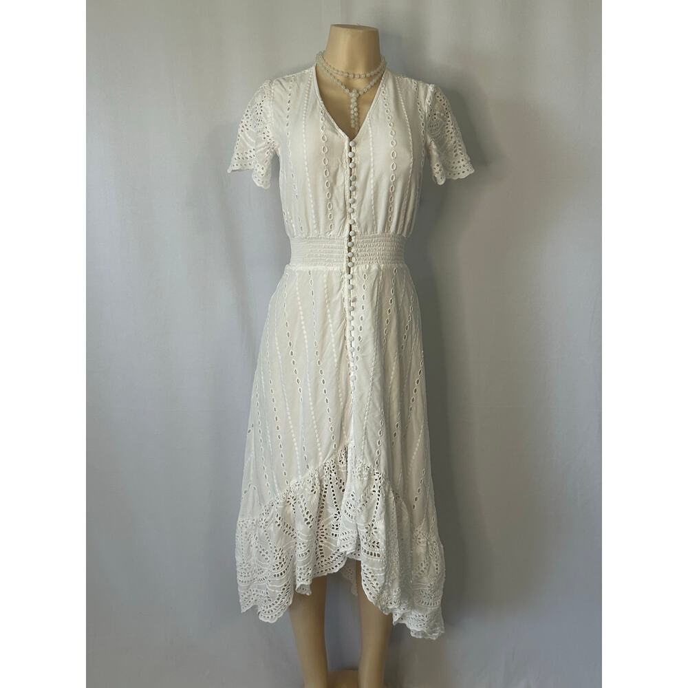Vintage Hot Line White Rayon Eyelet Midi Dress Smocked Cottagecore USA